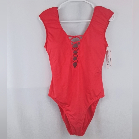 Bleu Rod Beattie Lace Up Cap Sleeve One Piece Swimsuit NWT Sz8 Pink/Coral - Picture 5 of 8